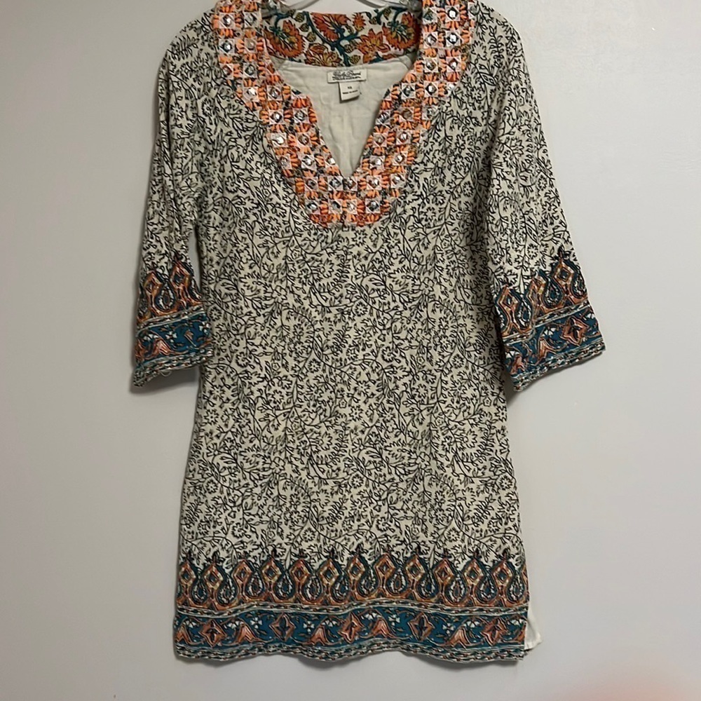 Lucky Brand Boho Embroidered Sequin V-Neck Tunic Dress XS Cream Floral‎ Paisley
